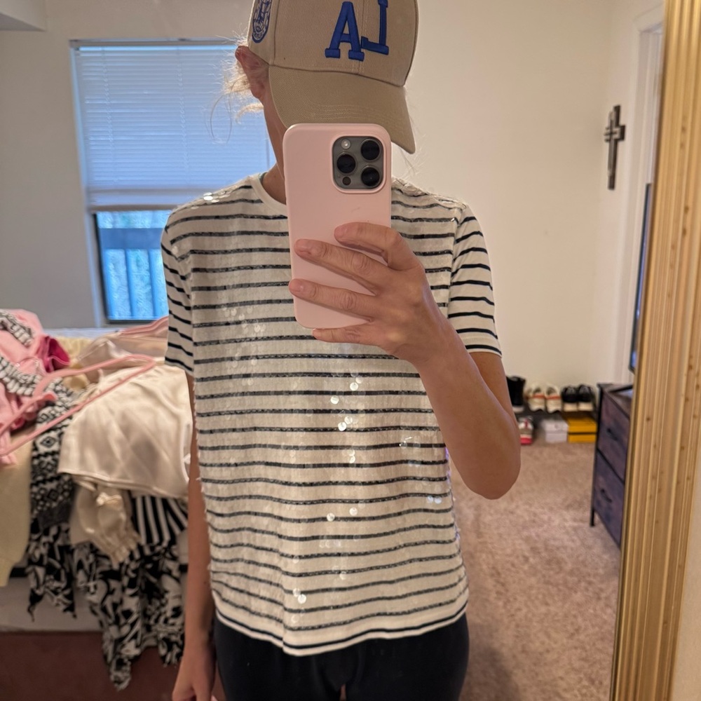 NWT J Crew Factory Size Med Striped sequin-embellished tee